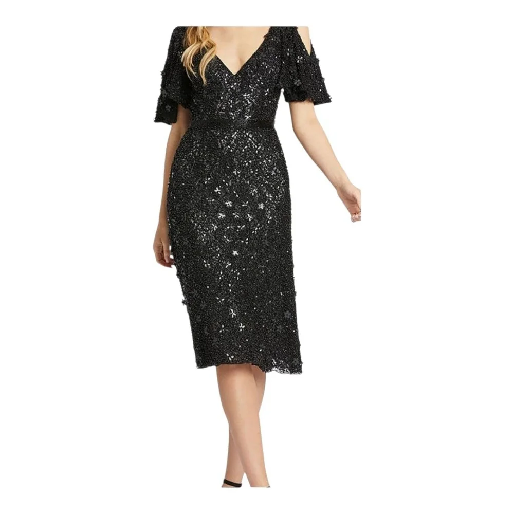 Mac Duggal Black Sequin Cold Shoulder Cocktail Dress Size 12 - Picture 9 of 11